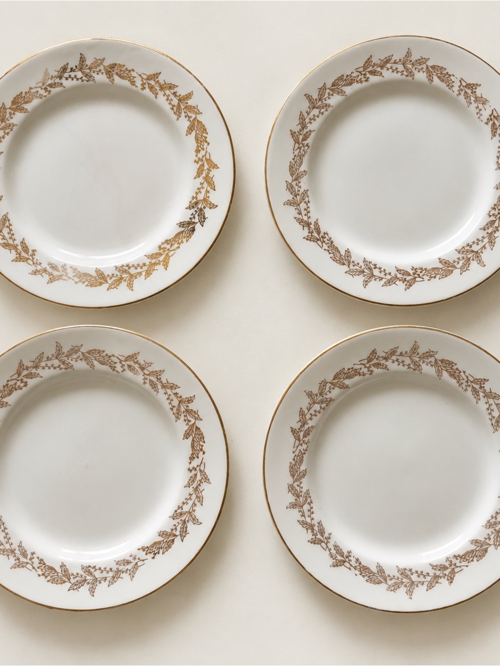 Classic White Porcelain Dinner Plates with Gold Leaf Border - Set of 4